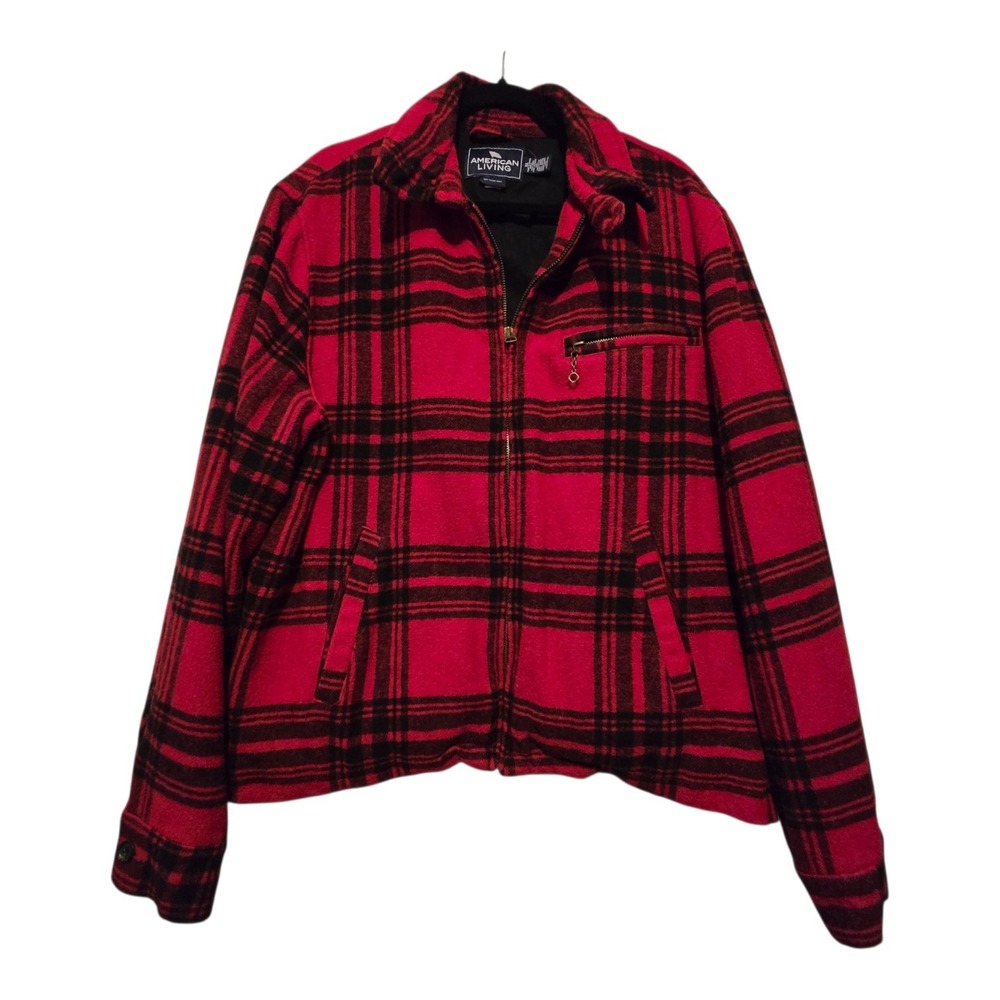 American Living Plaid Bomber Jacket Men's XL Red Wool Blend Outdoor Preppy